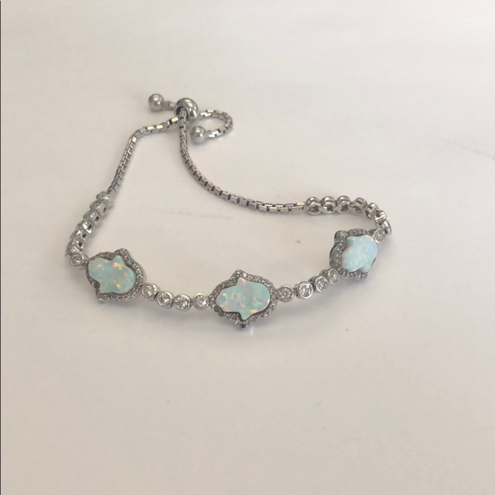 .925 silver, white opal hamsa adjustable bracelet